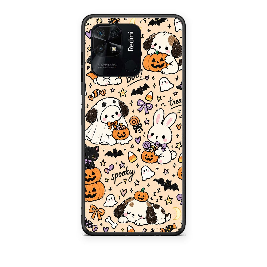 Θήκη Xiaomi Redmi 10C Halloween Puppies and Friends on Cream από τη Smartfits με σχέδιο στο πίσω μέρος και μαύρο περίβλημα | Xiaomi Redmi 10C Halloween Puppies and Friends on Cream case with colorful back and black bezels