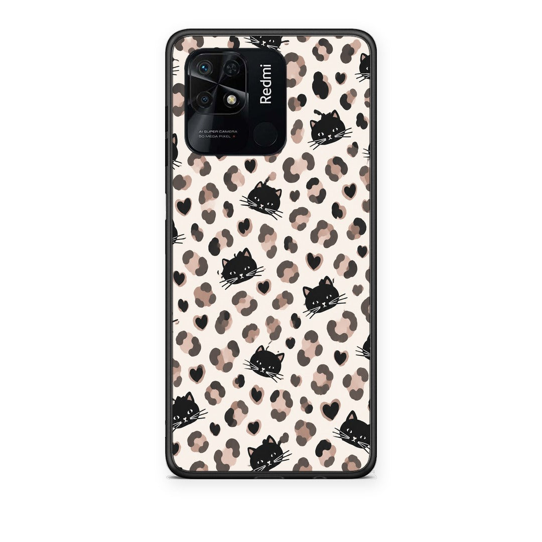 Θήκη Xiaomi Redmi 10C Leopard Spots and Black Cats on Cream από τη Smartfits με σχέδιο στο πίσω μέρος και μαύρο περίβλημα | Xiaomi Redmi 10C Leopard Spots and Black Cats on Cream case with colorful back and black bezels