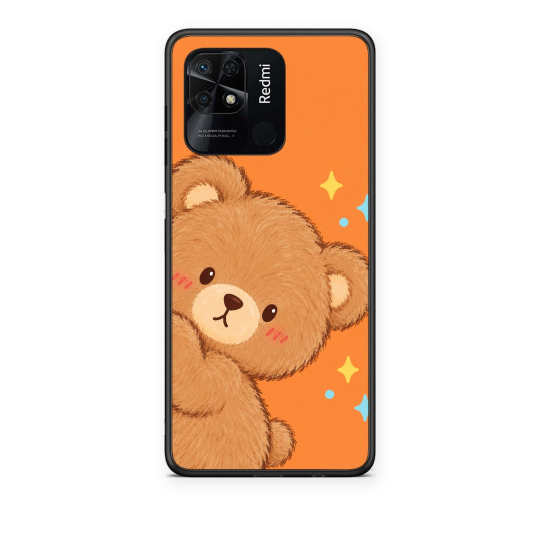 Θήκη Xiaomi Redmi 10C Peekaboo Teddy on Orange από τη Smartfits με σχέδιο στο πίσω μέρος και μαύρο περίβλημα | Xiaomi Redmi 10C Peekaboo Teddy on Orange case with colorful back and black bezels