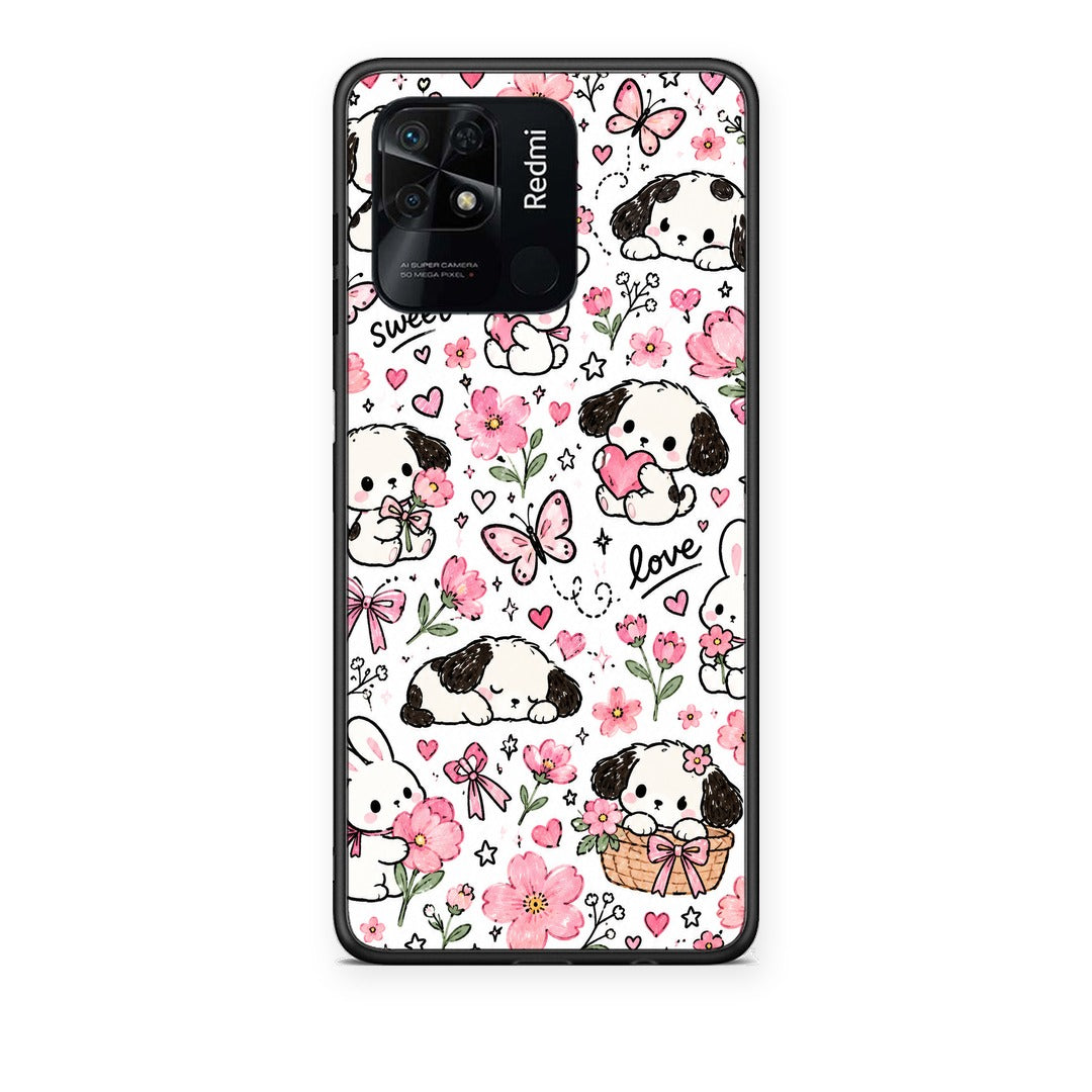 Θήκη Xiaomi Redmi 10C Pink Florals Puppies and Bunnies on White από τη Smartfits με σχέδιο στο πίσω μέρος και μαύρο περίβλημα | Xiaomi Redmi 10C Pink Florals Puppies and Bunnies on White case with colorful back and black bezels