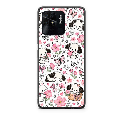 Θήκη Xiaomi Redmi 10C Pink Florals Puppies and Bunnies on White από τη Smartfits με σχέδιο στο πίσω μέρος και μαύρο περίβλημα | Xiaomi Redmi 10C Pink Florals Puppies and Bunnies on White case with colorful back and black bezels