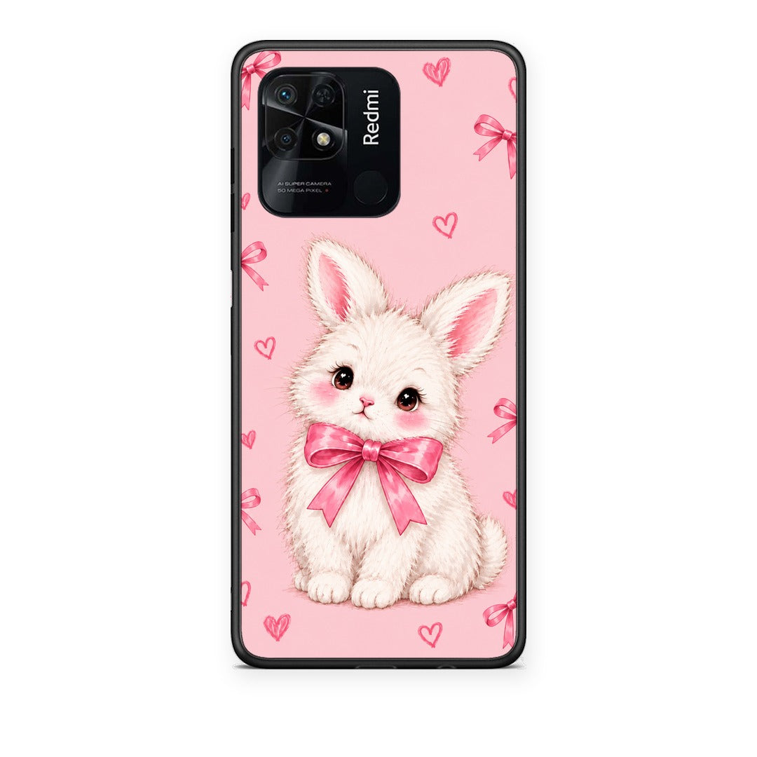 Θήκη Xiaomi Redmi 10C White Bunny and Pink Bows από τη Smartfits με σχέδιο στο πίσω μέρος και μαύρο περίβλημα | Xiaomi Redmi 10C White Bunny and Pink Bows case with colorful back and black bezels