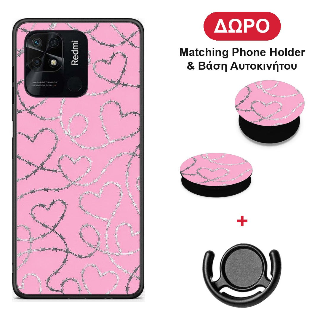 Barbed Wire Hearts on Pink - Xiaomi Redmi 10C θήκη + Δώρο Phone Holder & Βάση Αυτοκινήτου