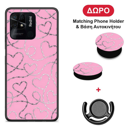 Barbed Wire Hearts on Pink - Xiaomi Redmi 10C θήκη + Δώρο Phone Holder & Βάση Αυτοκινήτου
