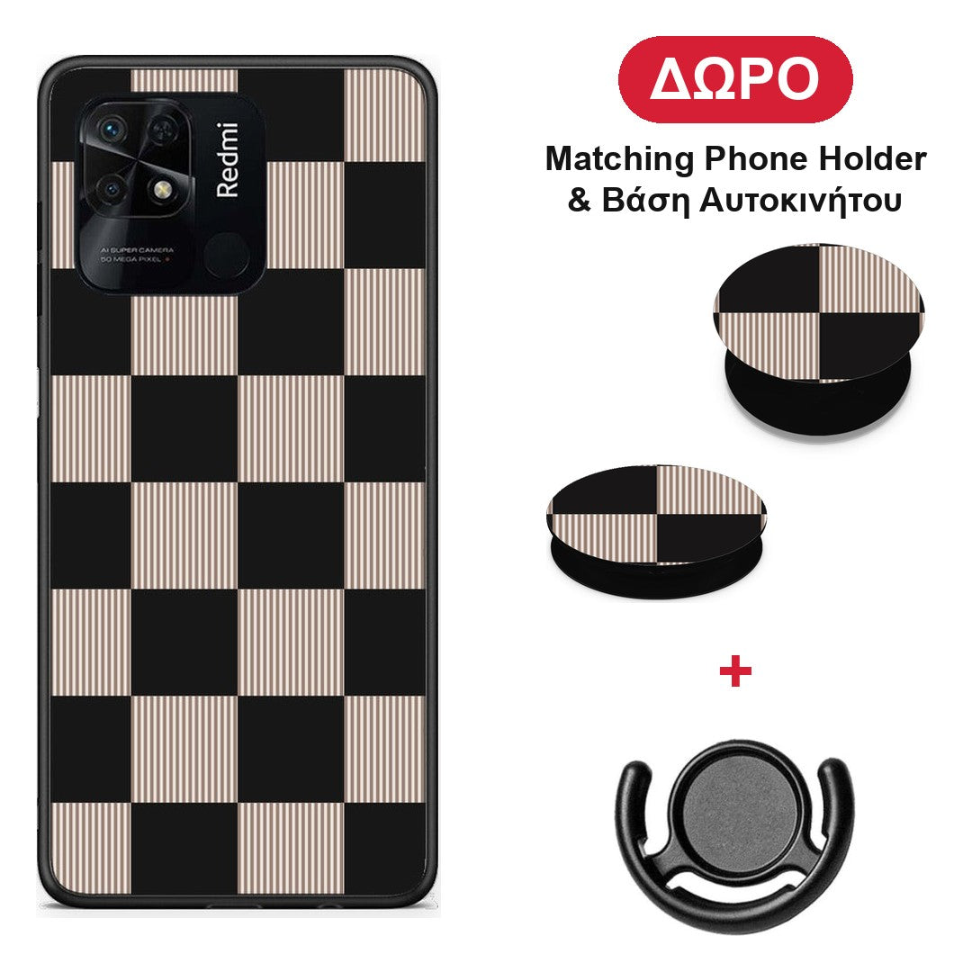 Black and Taupe Striped Checks - Xiaomi Redmi 10C θήκη + Δώρο Phone Holder & Βάση Αυτοκινήτου