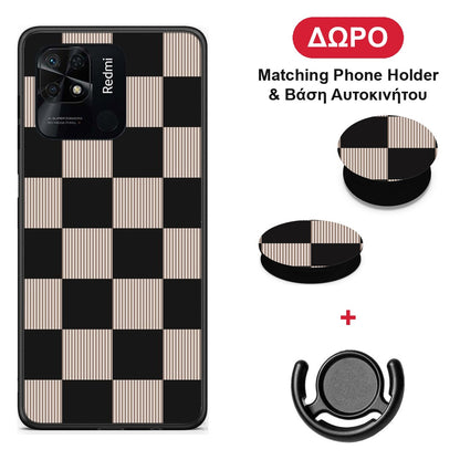 Black and Taupe Striped Checks - Xiaomi Redmi 10C θήκη + Δώρο Phone Holder & Βάση Αυτοκινήτου