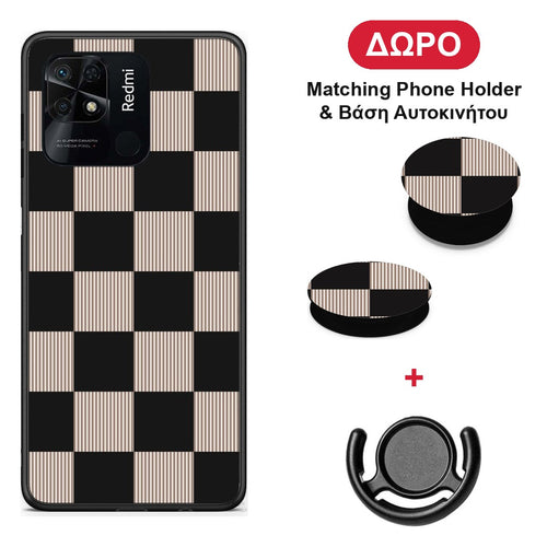 Black and Taupe Striped Checks - Xiaomi Redmi 10C θήκη + Δώρο Phone Holder & Βάση Αυτοκινήτου