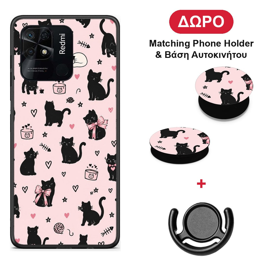 Black Cat Doodles on Pink - Xiaomi Redmi 10C θήκη + Δώρο Phone Holder & Βάση Αυτοκινήτου