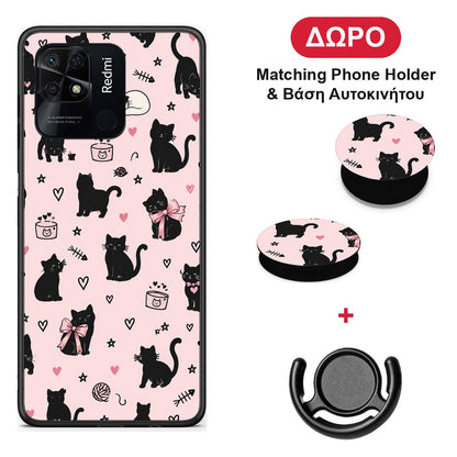 Black Cat Doodles on Pink - Xiaomi Redmi 10C θήκη + Δώρο Phone Holder & Βάση Αυτοκινήτου