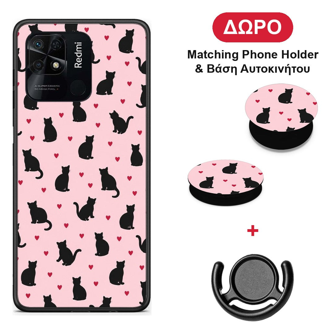 Black Cat Silhouettes and Hearts on Pink - Xiaomi Redmi 10C θήκη + Δώρο Phone Holder & Βάση Αυτοκινήτου