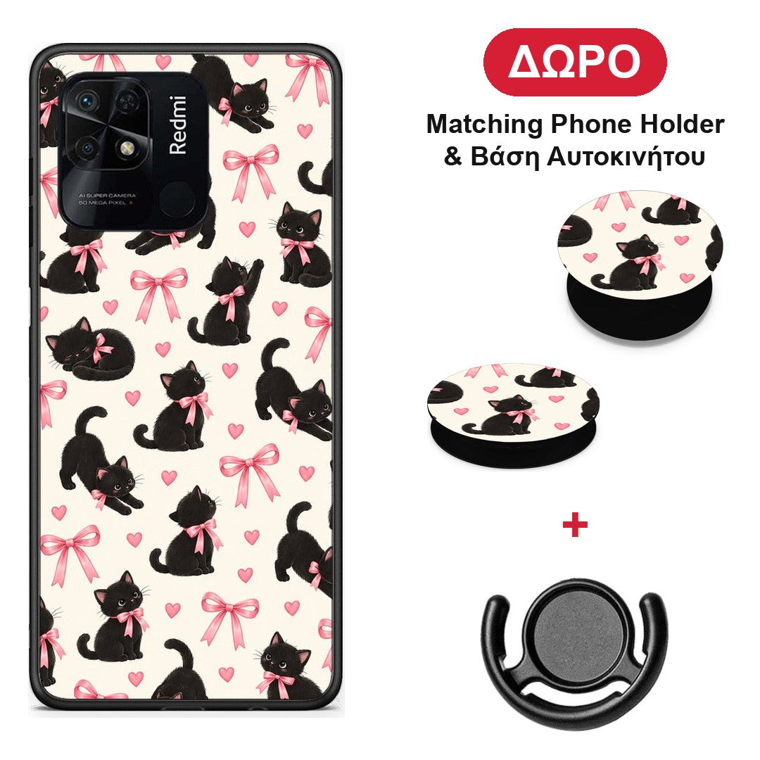 Black Kittens and Pink Bows on Cream Small - Xiaomi Redmi 10C θήκη + Δώρο Phone Holder & Βάση Αυτοκινήτου