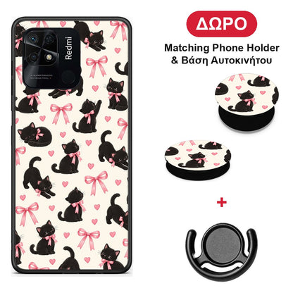 Black Kittens and Pink Bows on Cream Small - Xiaomi Redmi 10C θήκη + Δώρο Phone Holder & Βάση Αυτοκινήτου