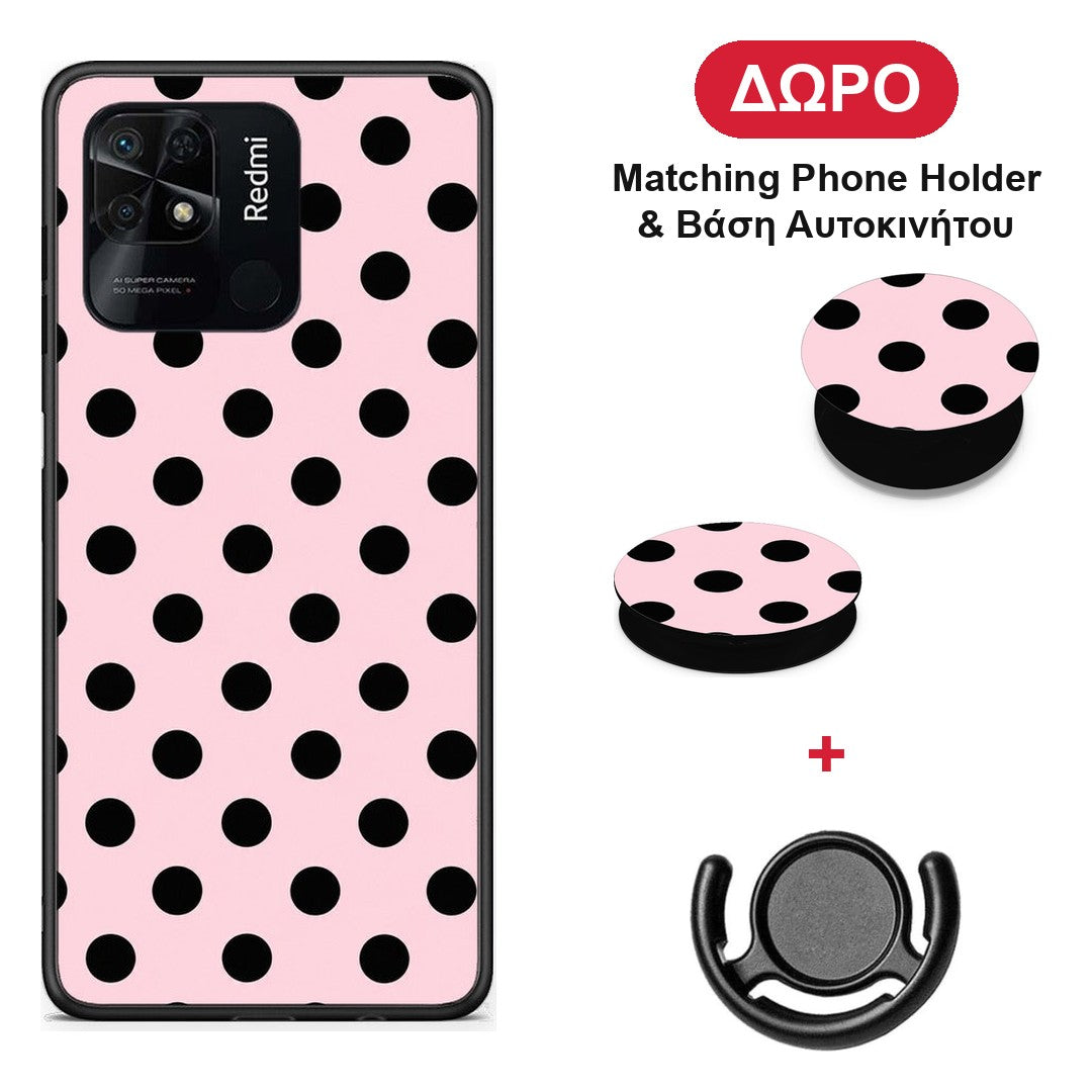 Black Polka Dots on Pink - Xiaomi Redmi 10C θήκη + Δώρο Phone Holder & Βάση Αυτοκινήτου