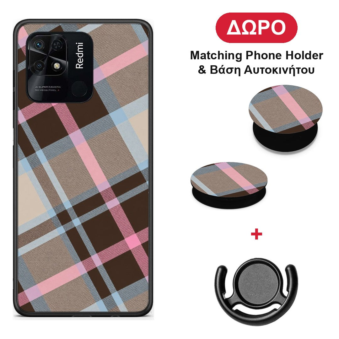 Brown Pink and Blue Diagonal Plaid - Xiaomi Redmi 10C θήκη + Δώρο Phone Holder & Βάση Αυτοκινήτου
