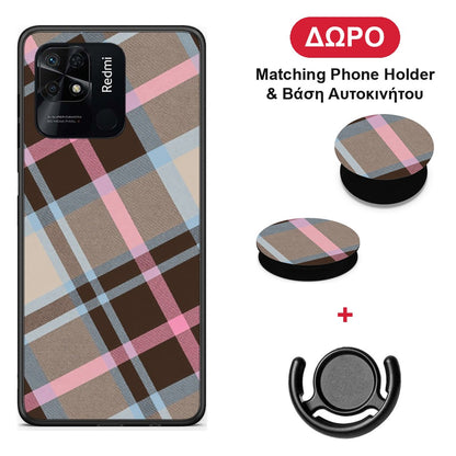 Brown Pink and Blue Diagonal Plaid - Xiaomi Redmi 10C θήκη + Δώρο Phone Holder & Βάση Αυτοκινήτου