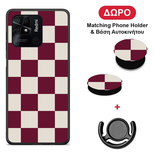 Burgundy and Cream Striped Checks - Xiaomi Redmi 10C θήκη + Δώρο Phone Holder & Βάση Αυτοκινήτου