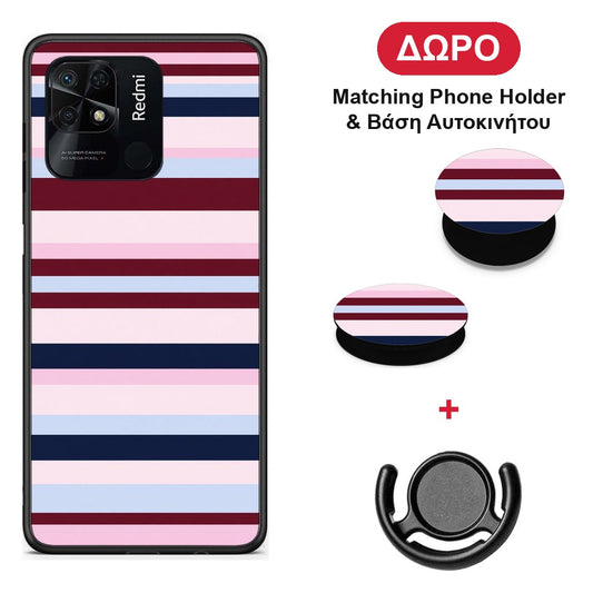 Burgundy Pink and Blue Horizontal Stripes - Xiaomi Redmi 10C θήκη + Δώρο Phone Holder & Βάση Αυτοκινήτου