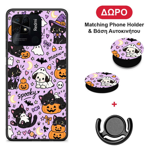 Halloween Black Cats on Lilac - Xiaomi Redmi 10C θήκη + Δώρο Phone Holder & Βάση Αυτοκινήτου