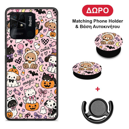 Halloween Cute Animals on Pink - Xiaomi Redmi 10C θήκη + Δώρο Phone Holder & Βάση Αυτοκινήτου