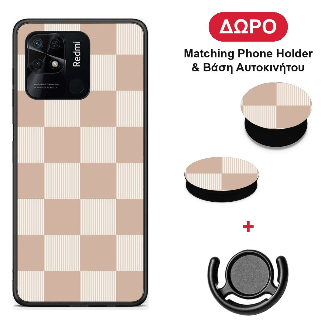 Latte and Cream Striped Checks - Xiaomi Redmi 10C θήκη + Δώρο Phone Holder & Βάση Αυτοκινήτου