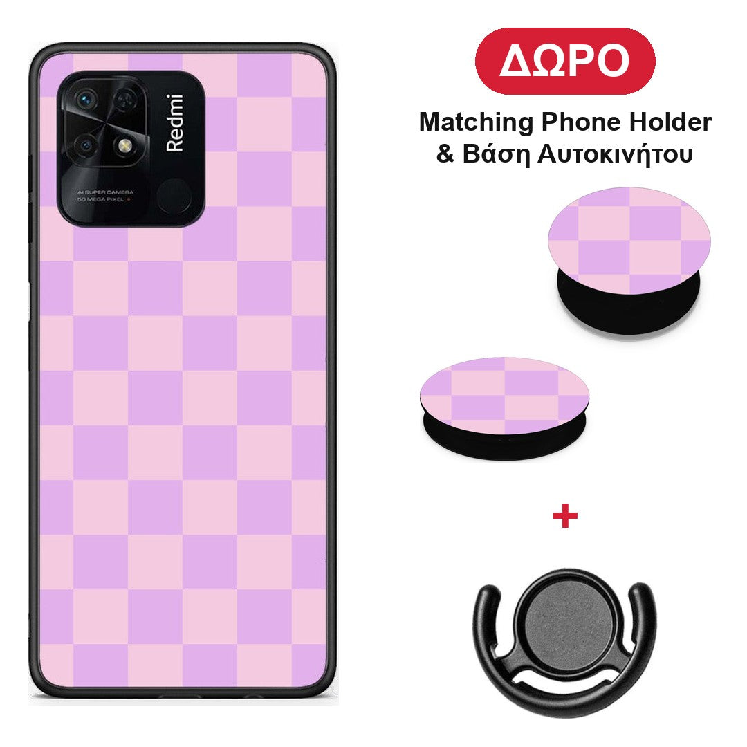 Lavender and Pink Checkerboard - Xiaomi Redmi 10C θήκη + Δώρο Phone Holder & Βάση Αυτοκινήτου