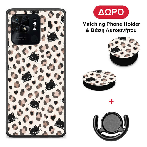 Leopard Spots and Black Cats on Cream - Xiaomi Redmi 10C θήκη + Δώρο Phone Holder & Βάση Αυτοκινήτου