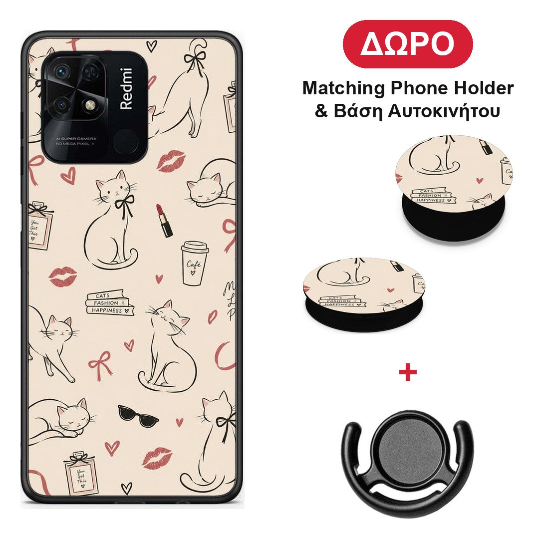 Minimal Cat and Fashion Doodles on Cream - Xiaomi Redmi 10C θήκη + Δώρο Phone Holder & Βάση Αυτοκινήτου