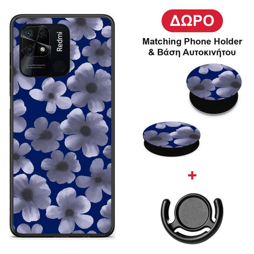 Pale Blue Flowers on Navy - Xiaomi Redmi 10C θήκη + Δώρο Phone Holder & Βάση Αυτοκινήτου