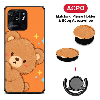 Peekaboo Teddy on Orange - Xiaomi Redmi 10C θήκη + Δώρο Phone Holder & Βάση Αυτοκινήτου