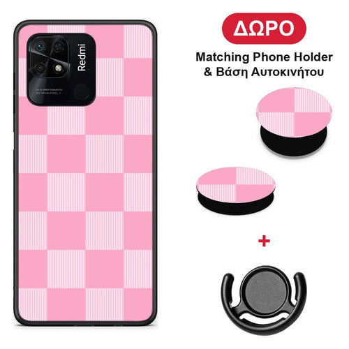 Pink and White Striped Checks - Xiaomi Redmi 10C θήκη + Δώρο Phone Holder & Βάση Αυτοκινήτου