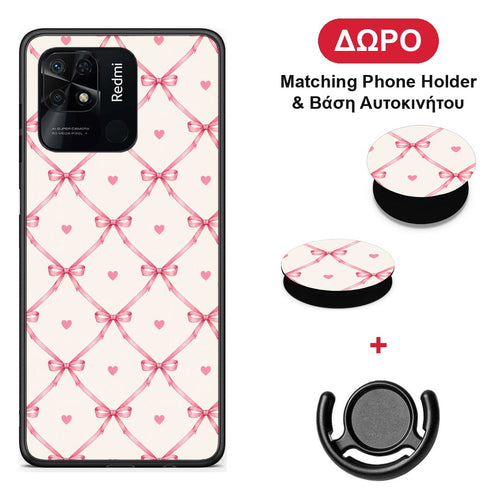 Pink Bow Lattice and Hearts on Cream - Xiaomi Redmi 10C θήκη + Δώρο Phone Holder & Βάση Αυτοκινήτου