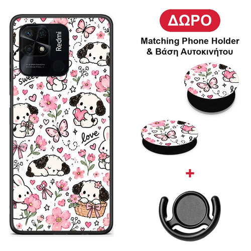 Pink Florals Puppies and Bunnies on White - Xiaomi Redmi 10C θήκη + Δώρο Phone Holder & Βάση Αυτοκινήτου