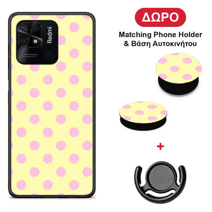 Pink Polka Dots on Yellow - Xiaomi Redmi 10C θήκη + Δώρο Phone Holder & Βάση Αυτοκινήτου