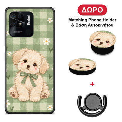 Puppy and Daisies on Sage Gingham - Xiaomi Redmi 10C θήκη + Δώρο Phone Holder & Βάση Αυτοκινήτου