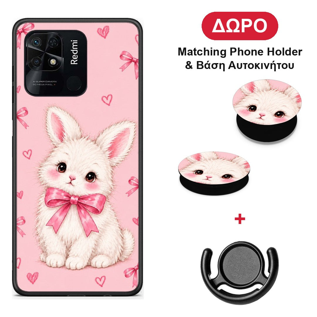 White Bunny and Pink Bows - Xiaomi Redmi 10C θήκη + Δώρο Phone Holder & Βάση Αυτοκινήτου
