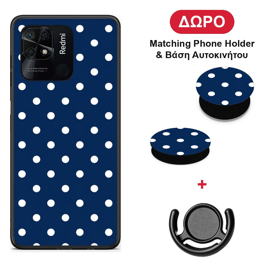 White Small Polka Dots on Navy - Xiaomi Redmi 10C θήκη + Δώρο Phone Holder & Βάση Αυτοκινήτου