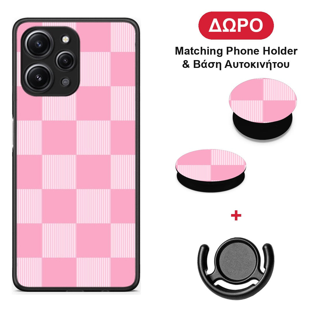 Pink and White Striped Checks - Xiaomi Redmi 12 4G θήκη + Δώρο Phone Holder & Βάση Αυτοκινήτου