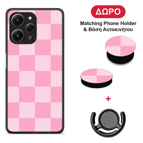 Pink and White Striped Checks - Xiaomi Redmi 12 4G θήκη + Δώρο Phone Holder & Βάση Αυτοκινήτου