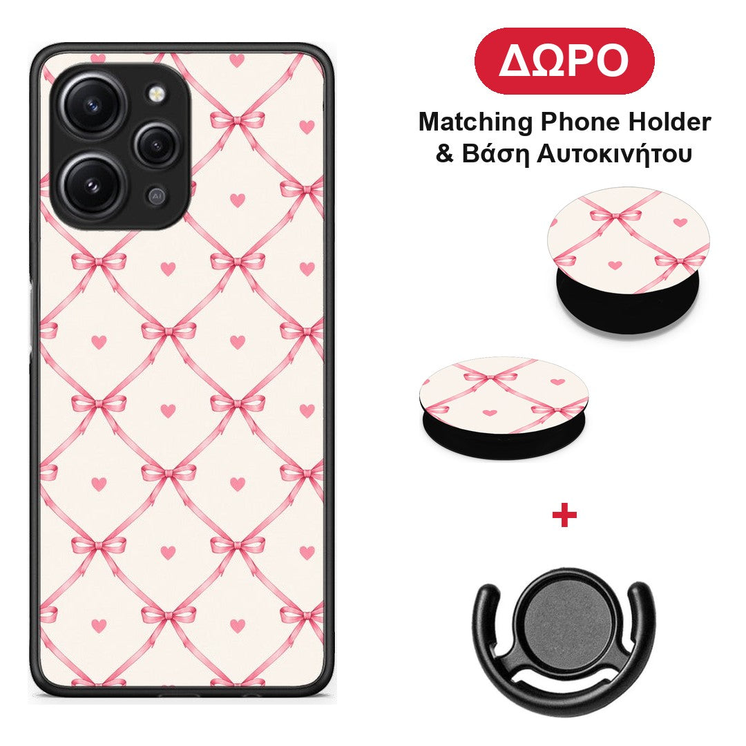 Pink Bow Lattice and Hearts on Cream - Xiaomi Redmi 12 4G θήκη + Δώρο Phone Holder & Βάση Αυτοκινήτου