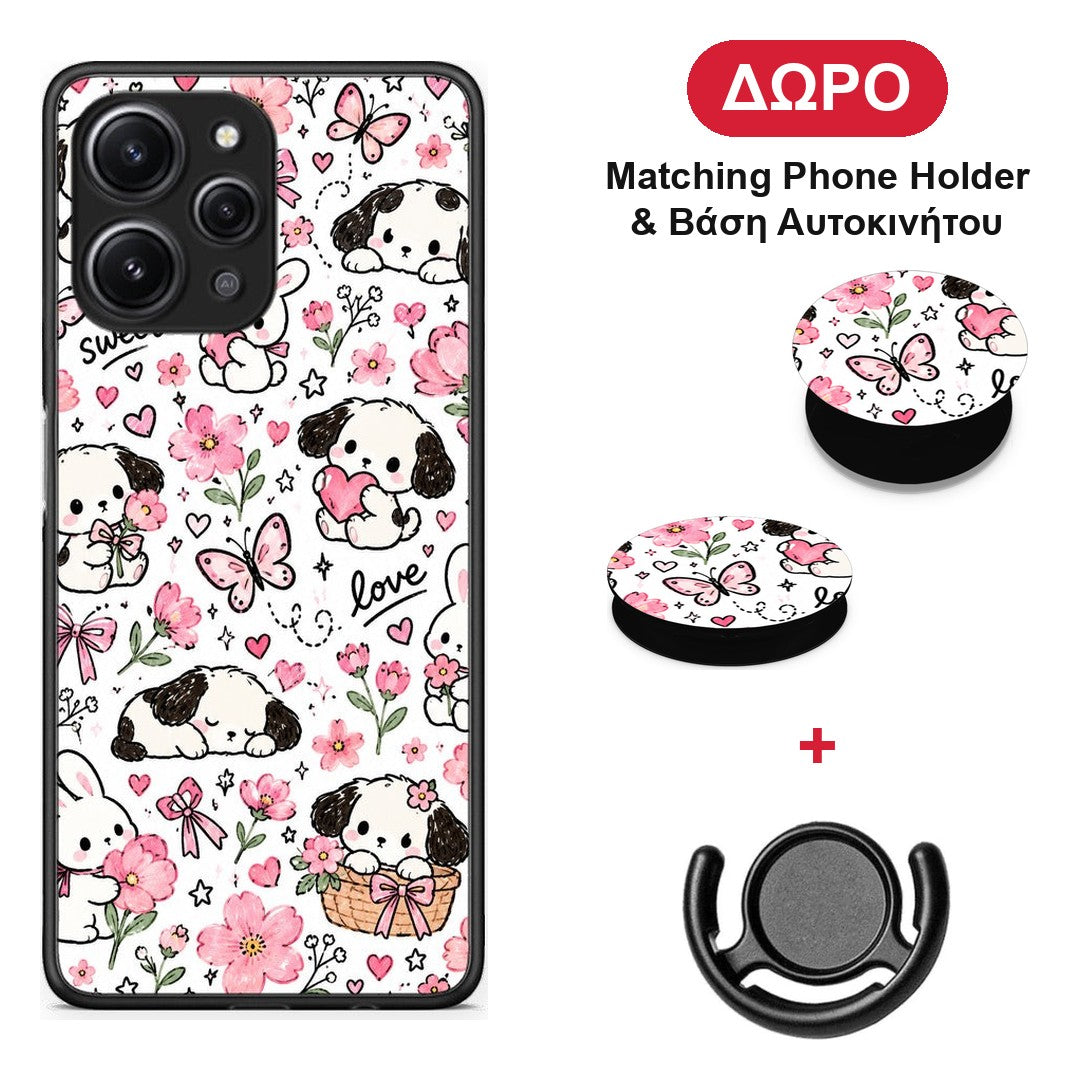 Pink Florals Puppies and Bunnies on White - Xiaomi Redmi 12 4G θήκη + Δώρο Phone Holder & Βάση Αυτοκινήτου