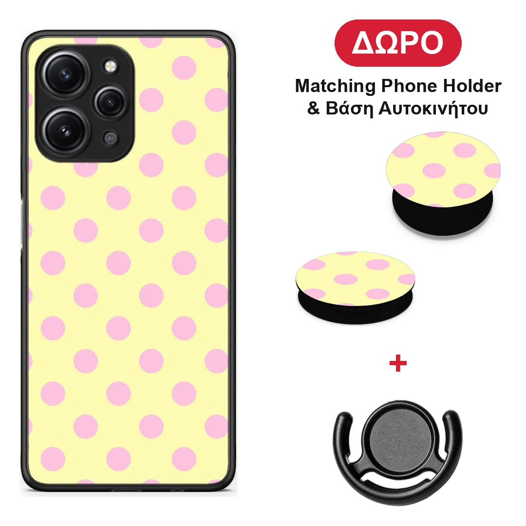Pink Polka Dots on Yellow - Xiaomi Redmi 12 4G θήκη + Δώρο Phone Holder & Βάση Αυτοκινήτου