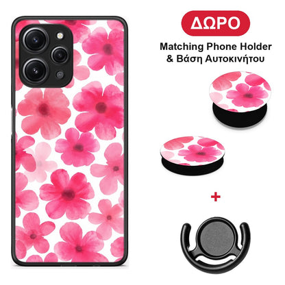 Pink Watercolour Flowers on White - Xiaomi Redmi 12 4G θήκη + Δώρο Phone Holder & Βάση Αυτοκινήτου
