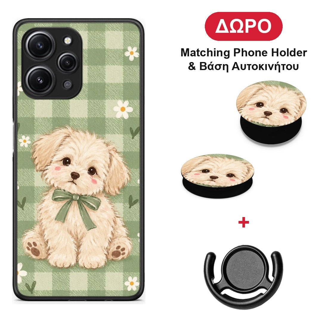 Puppy and Daisies on Sage Gingham - Xiaomi Redmi 12 4G θήκη + Δώρο Phone Holder & Βάση Αυτοκινήτου