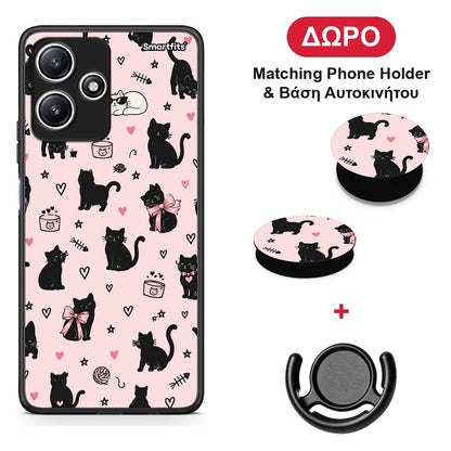 Black Cat Doodles on Pink - Xiaomi Redmi 12 5G θήκη + Δώρο Phone Holder & Βάση Αυτοκινήτου
