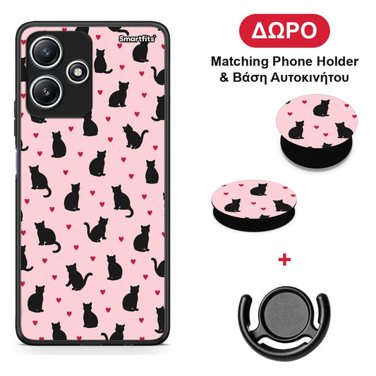 Black Cat Silhouettes and Hearts on Pink - Xiaomi Redmi 12 5G θήκη + Δώρο Phone Holder & Βάση Αυτοκινήτου