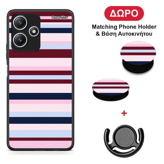 Burgundy Pink and Blue Horizontal Stripes - Xiaomi Redmi 12 5G θήκη + Δώρο Phone Holder & Βάση Αυτοκινήτου