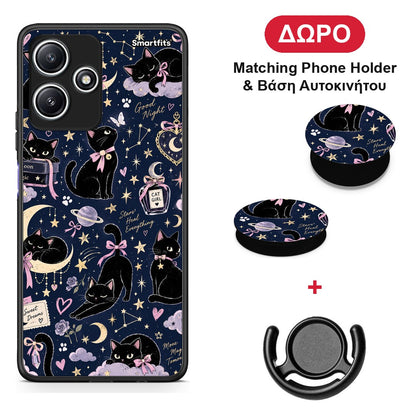 Celestial Black Cats on Navy - Xiaomi Redmi 12 5G θήκη + Δώρο Phone Holder & Βάση Αυτοκινήτου