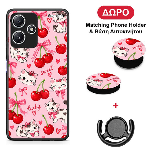 Cherries Bows and Kittens on Pink - Xiaomi Redmi 12 5G θήκη + Δώρο Phone Holder & Βάση Αυτοκινήτου