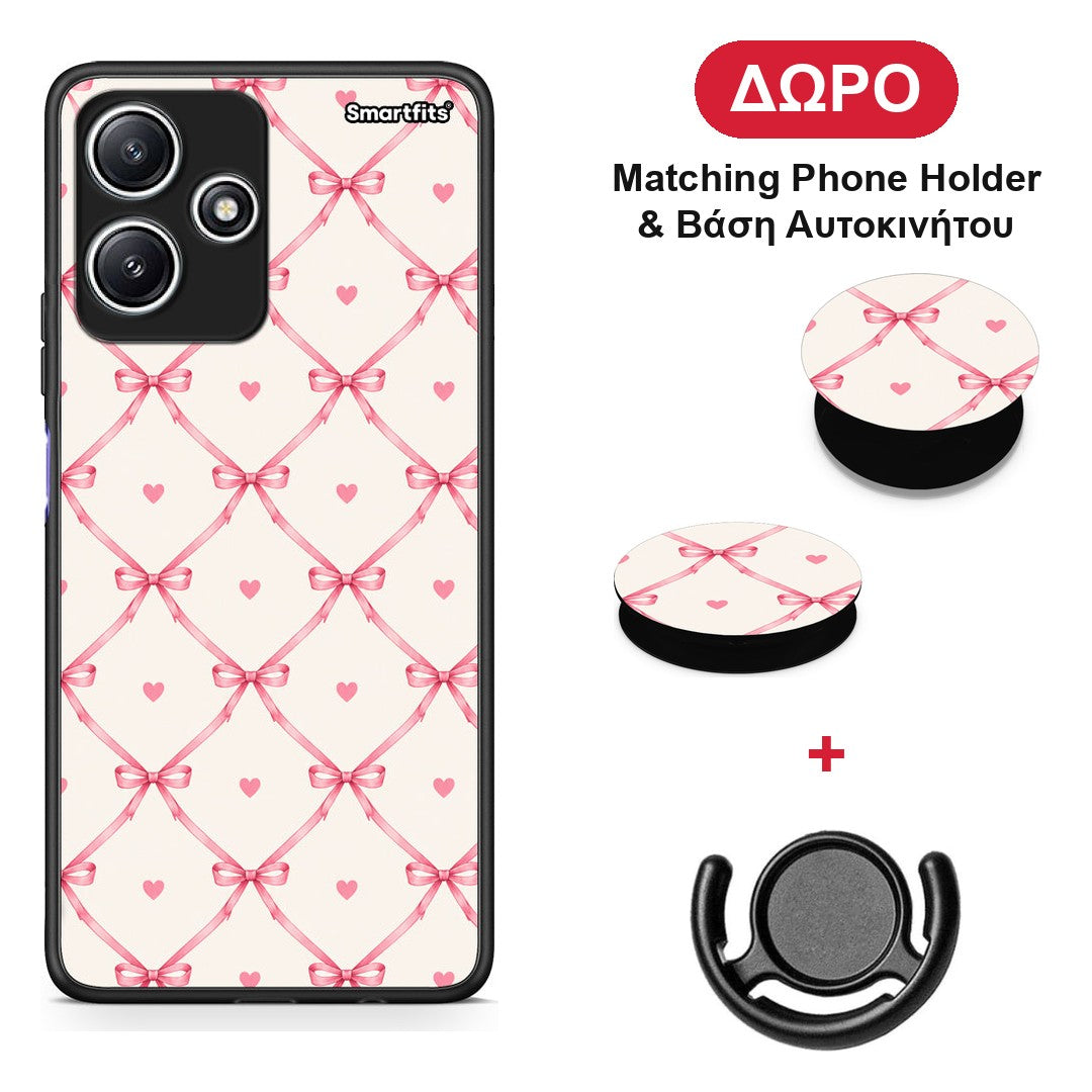 Pink Bow Lattice and Hearts on Cream - Xiaomi Redmi 12 5G θήκη + Δώρο Phone Holder & Βάση Αυτοκινήτου