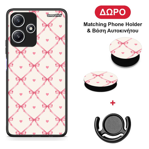 Pink Bow Lattice and Hearts on Cream - Xiaomi Redmi 12 5G θήκη + Δώρο Phone Holder & Βάση Αυτοκινήτου